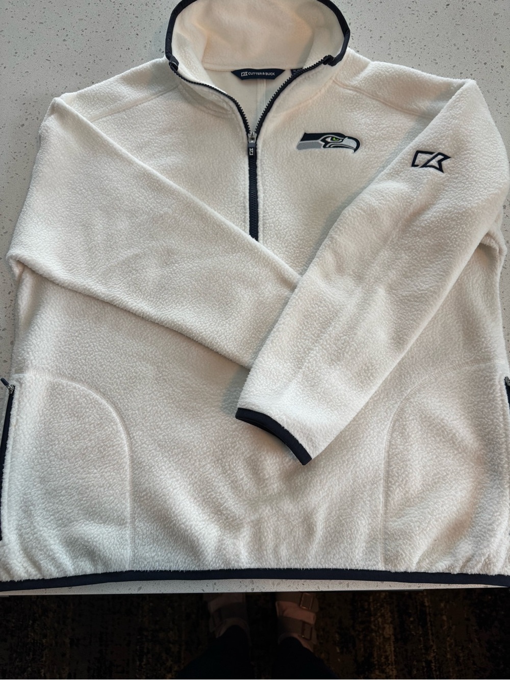Cutter & Buck White Seattle Seahawks Fleece Pullover with Navy Trim